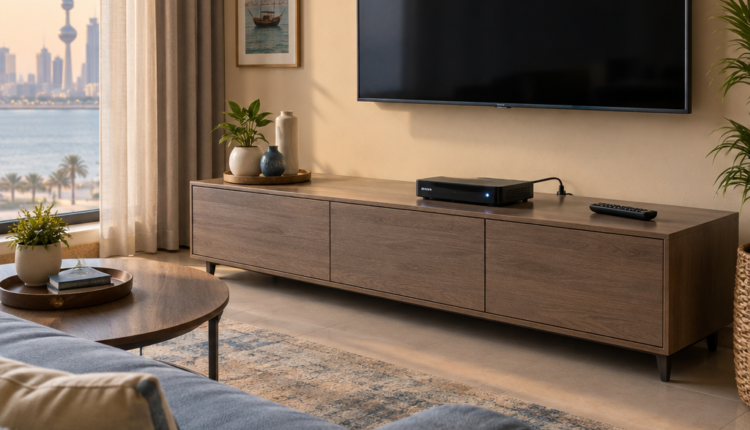 تلفزيون بشاشة داكنة ورسيفر على طاولة تحته مع كابل HDMI وجهاز تحكم، في مشهد لفحص صورة رسيفر beIN