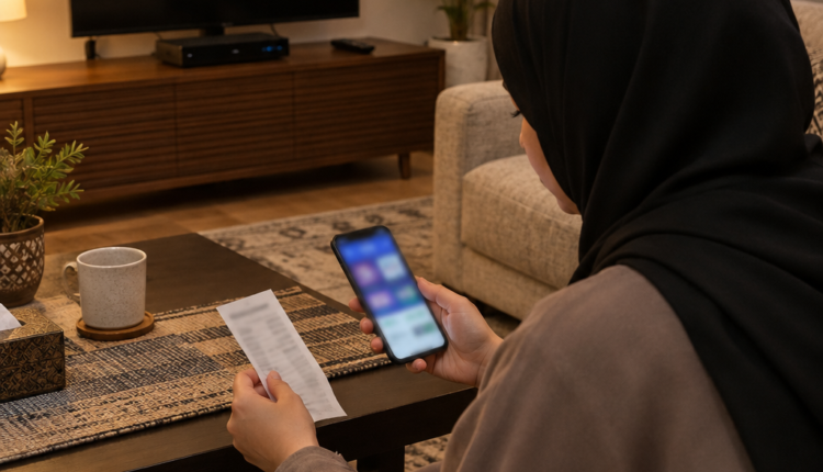 شخص في غرفة معيشة بالكويت يراجع واجهة مجردة على هاتفه وإيصال دفع مطبوعاً أمام تلفزيون ورسيفر بعد تجديد الاشتراك