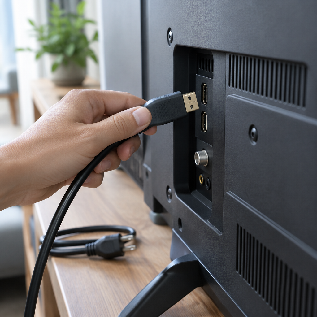 لقطة قريبة ليد تثبّت رأس كابل HDMI برفق في منفذ خلف تلفزيون مطفأ