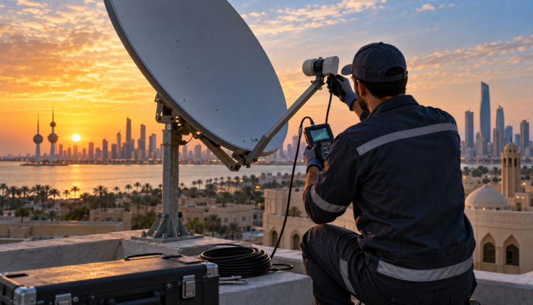 فني ستلايت يضبط طبق استقبال على سطح منزل في الكويت
