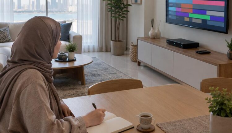 امرأة تجلس إلى طاولة طعام في شقة بالكويت صباحاً وتقارن دفتر ملاحظات بتلفزيون يعرض شبكة ألوان مجردة تشبه دليل برامج
