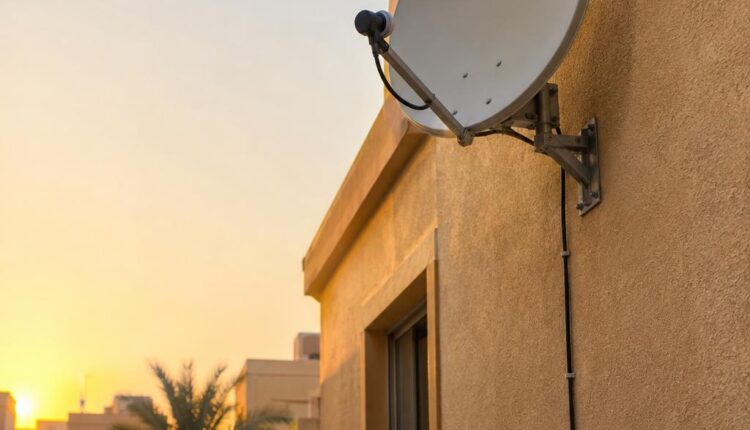طبق استقبال فضائي مثبت على جدار منزل كويتي بلون رملي عند الغروب