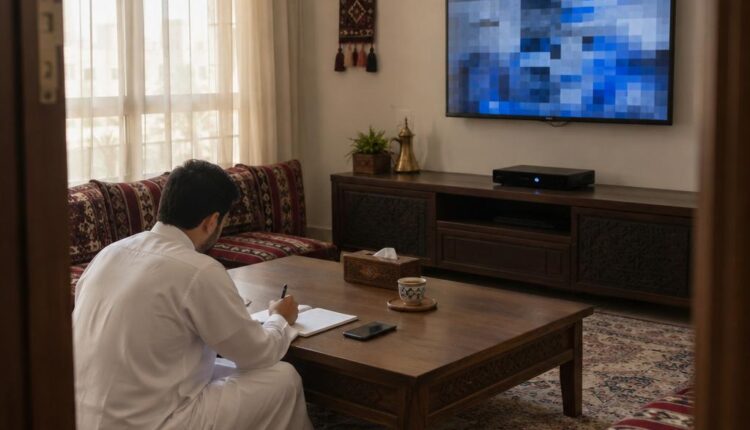 رجل يدوّن ملاحظات على ورقة في مجلس منزل بالكويت بينما يعرض التلفزيون خلفه مربعات مجردة تشبه تقطّع الصورة