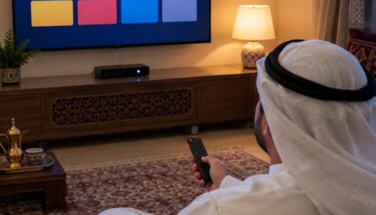 رجل في مجلس منزل بالكويت ليلاً يمسك جهاز تحكم أمام تلفزيون يعرض قائمة مصادر مجردة بلا كتابة