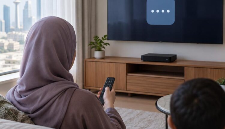 امرأة تمسك جهاز تحكم أمام تلفزيون يعرض نافذة مجردة تطلب رمزاً، وطفل يجلس خلفها في غرفة معيشة بالكويت صباحاً