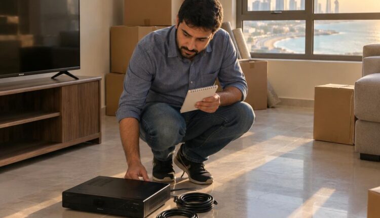 رجل يجلس القرفصاء في صالة شقة جديدة بالكويت بجانب رسيفر أسود وكابلات ملفوفة وسط كراتين الانتقال