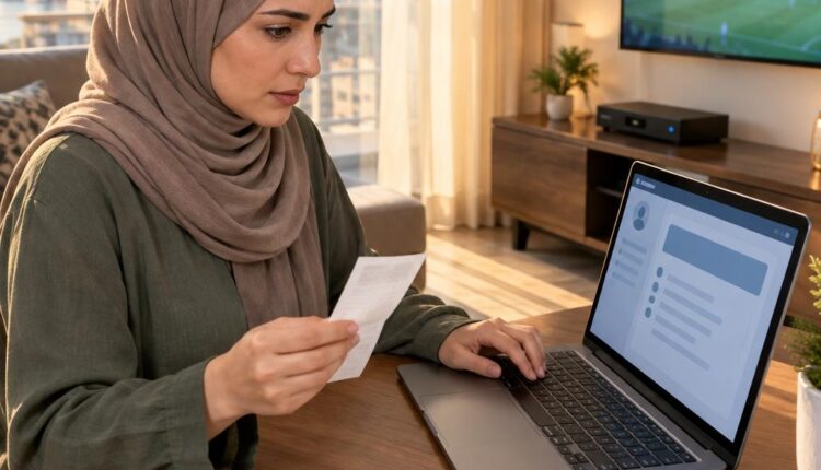 امرأة تجلس إلى مكتب في شقة بالكويت عصراً وتقارن إيصالاً ورقياً بصفحة حساب مجردة على حاسوب محمول، ورسيفر أسود يظهر بشكل غير واضح في الخلفية
