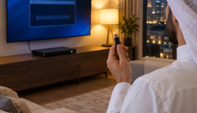 رجل بثوب أبيض يقف في صالة شقة كويتية مساءً ويرفع ذاكرة USB سادة أمام تلفزيون يعرض نافذة مجردة، ورسيفر أسود على خزانة منخفضة