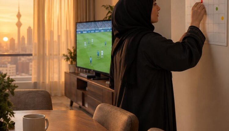 يد تضع ملصقاً دائرياً على تقويم حائط شهري فارغ في شقة كويتية عند الغروب مع هاتف على الطاولة