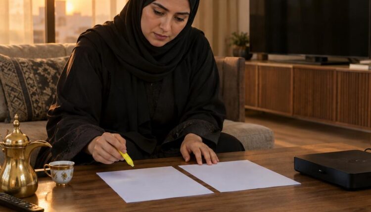 امرأة في مجلس كويتي تقارن ورقتي عرض فارغتين على طاولة قهوة عند الغروب