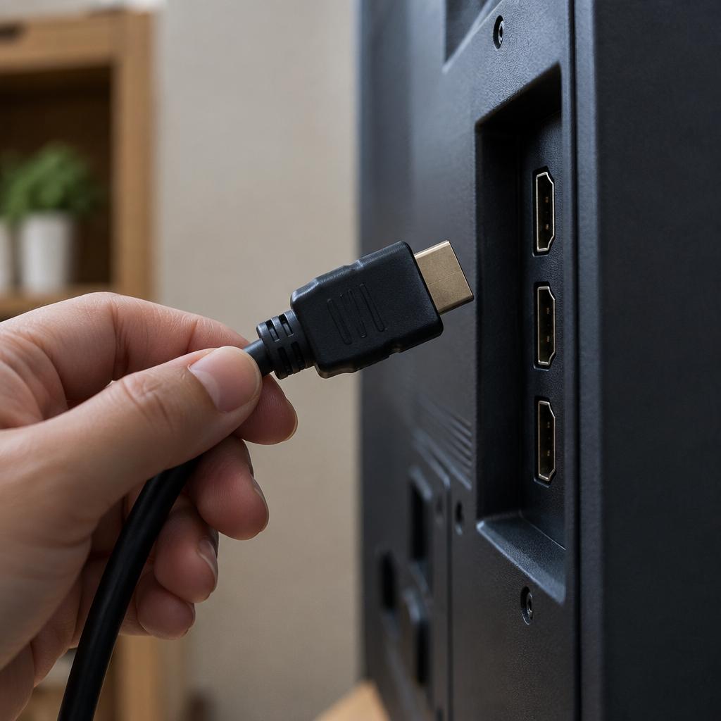 لقطة قريبة ليد تمسك طرف كابل HDMI عادياً بجانب منفذ HDMI على ظهر تلفزيون مطفأ بإضاءة جانبية من نافذة صباحية