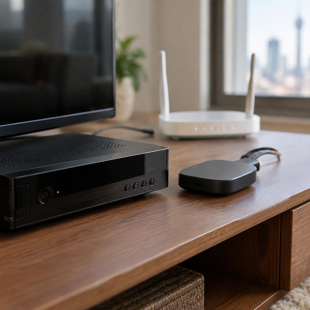 رسيفر أسود وجهاز بث صغير بلا علامات بجانب كابل HDMI وراوتر غير واضح على طاولة تلفزيون خشبية