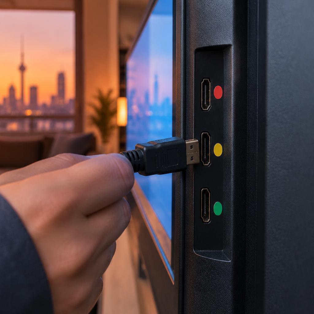لقطة مقربة لحافة تلفزيون جانبية فيها منافذ HDMI مع ملصقات دائرية ملونة وكابل نصف مدخل