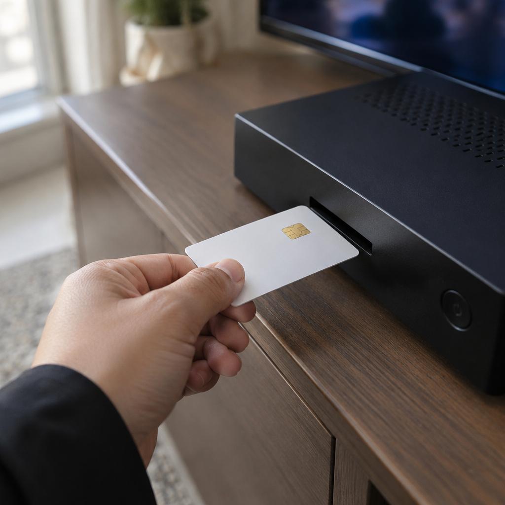 لقطة قريبة ليد تقرّب بطاقة ذكية سادة بشريحة ذهبية من فتحة في واجهة رسيفر أسود على خزانة تلفزيون