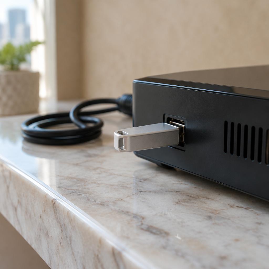 لقطة جانبية قريبة لمنفذ USB في رسيفر أسود وذاكرة فلاش سادة مدخلة جزئياً على رف رخامي في ضوء الصباح