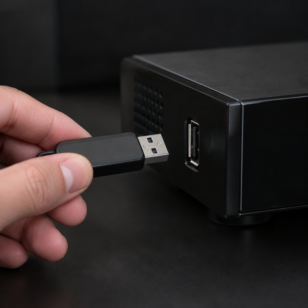 لقطة قريبة ليد تمسك فلاش USB عادياً غير موصول بجانب منفذ جانبي في رسيفر أسود مطفأ